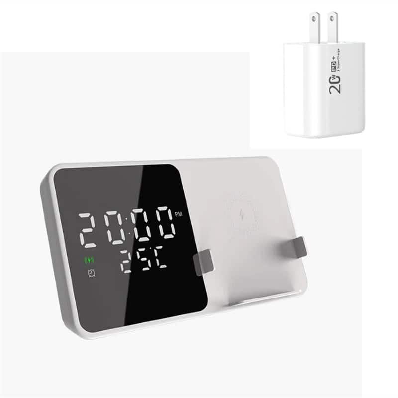 RISOKEYS - 15W Clock Alarm Wireless Charger with Charging Port - Phone Stand with Fast Wireless Charging, Temperature Display - White