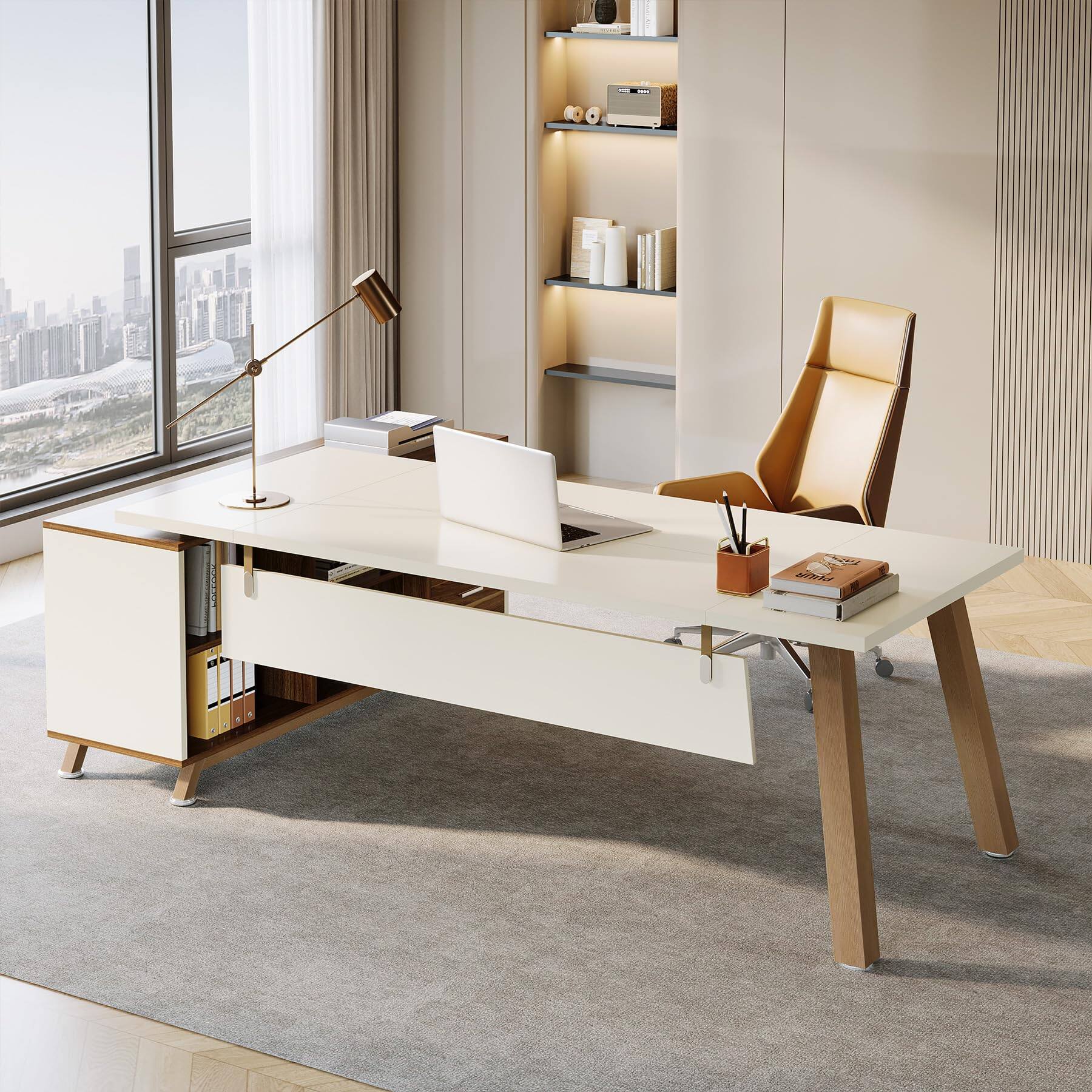 Alt View 2. Tribesigns - 78.7" L-Shaped Executive Desk, Modern Office Desk with File Drawers & Storage Shelves, Large Computer Desk with 55-Inch - Beige & Walnut.
