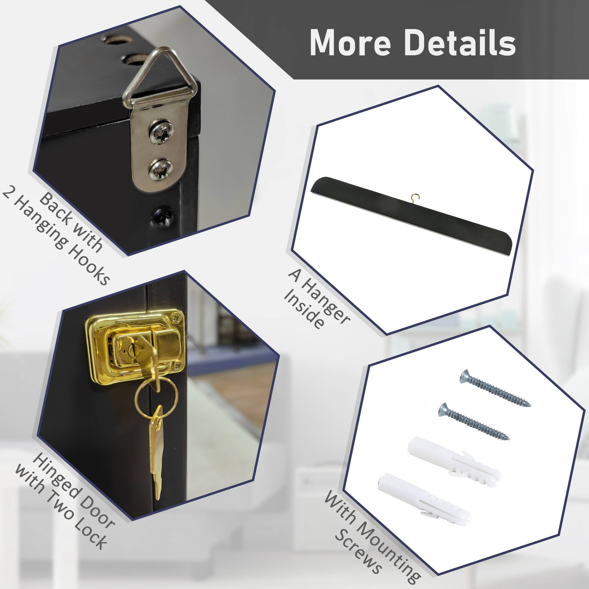 More Details

- 2 Hanging Hooks
- Back with Hooks
- A Hanger Inside
- Hinged Door with Two Lock
- With Mounting Screws