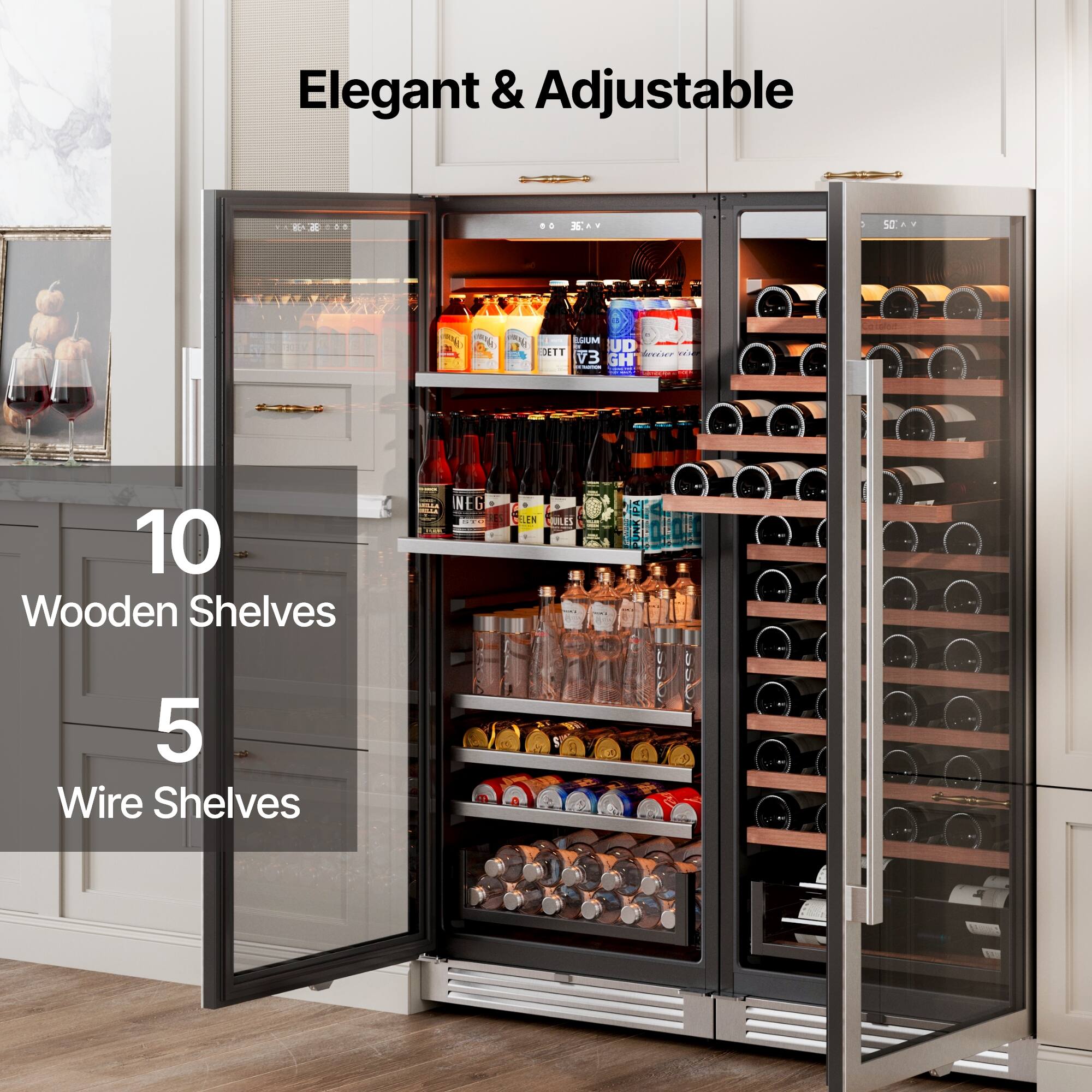 Elegant & Adjustable

10 Wooden Shelves

5 Wire Shelves