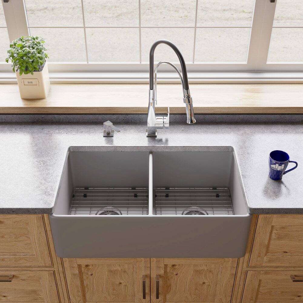 Left. Alfi - Gray Matte Smooth Apron 33" x 18" Double Bowl Fireclay Farm Sink - Gray.