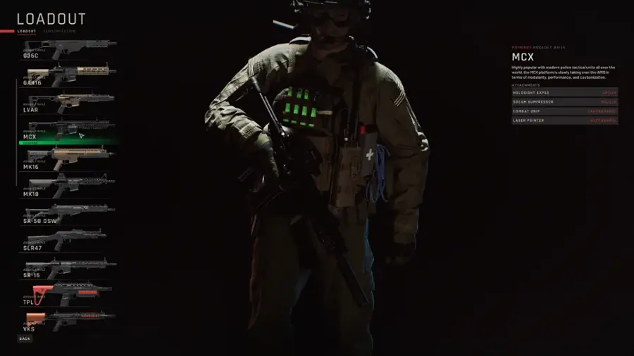 LOADOUT LOADOUT CUSTOMIZATION

WEAPONS:

* G36C
* AK-47
* M4A1
* M4A1 with M203
* M4A1 with M203 and ACOG
* M4A1 with M203 and ACOG and Reflex Sight
* M4A1 with M203 and ACOG and Reflex Sight and Laser Pointer
* M4A1 with M203 and ACOG and Reflex Sight and Laser Pointer and Underbarrel Shotgun
* M4A1 with M203 and ACOG and Reflex Sight and Laser Pointer and Underbarrel Shotgun and Muzzle Suppressor
* M4A1 with M203 and ACOG and Reflex Sight and Laser Pointer and Underbarrel Shotgun and Muzzle Suppressor and Combat Grip
* M4A1 with M203 and ACOG and Reflex Sight and Laser Pointer and Underbarrel Shotgun and Muzzle Suppressor and Combat Grip and Overbarrel Launcher
* M4A1 with M203 and ACOG and Reflex Sight and Laser Pointer and Underbarrel Shotgun and Muzzle Suppressor and Combat Grip and Overbarrel Launcher and MK16
* M4A1 with M203 and ACOG and Reflex Sight and Laser Pointer and Underbarrel Shotgun and Muzzle Suppressor and Combat Grip and Overbarrel Launcher and MK16 and ASL
* M4A1 with M203 and ACOG and Reflex Sight and Laser Pointer and Underbarrel Shotgun and Muzzle Suppressor and Combat Grip and Overbarrel Launcher and MK16 and ASL and SA-58 OSW
* M4A1 with M203 and ACOG and Reflex Sight and Laser Pointer and Underbarrel Shotgun and Muzzle Suppressor and Combat Grip and Overbarrel Launcher and MK16