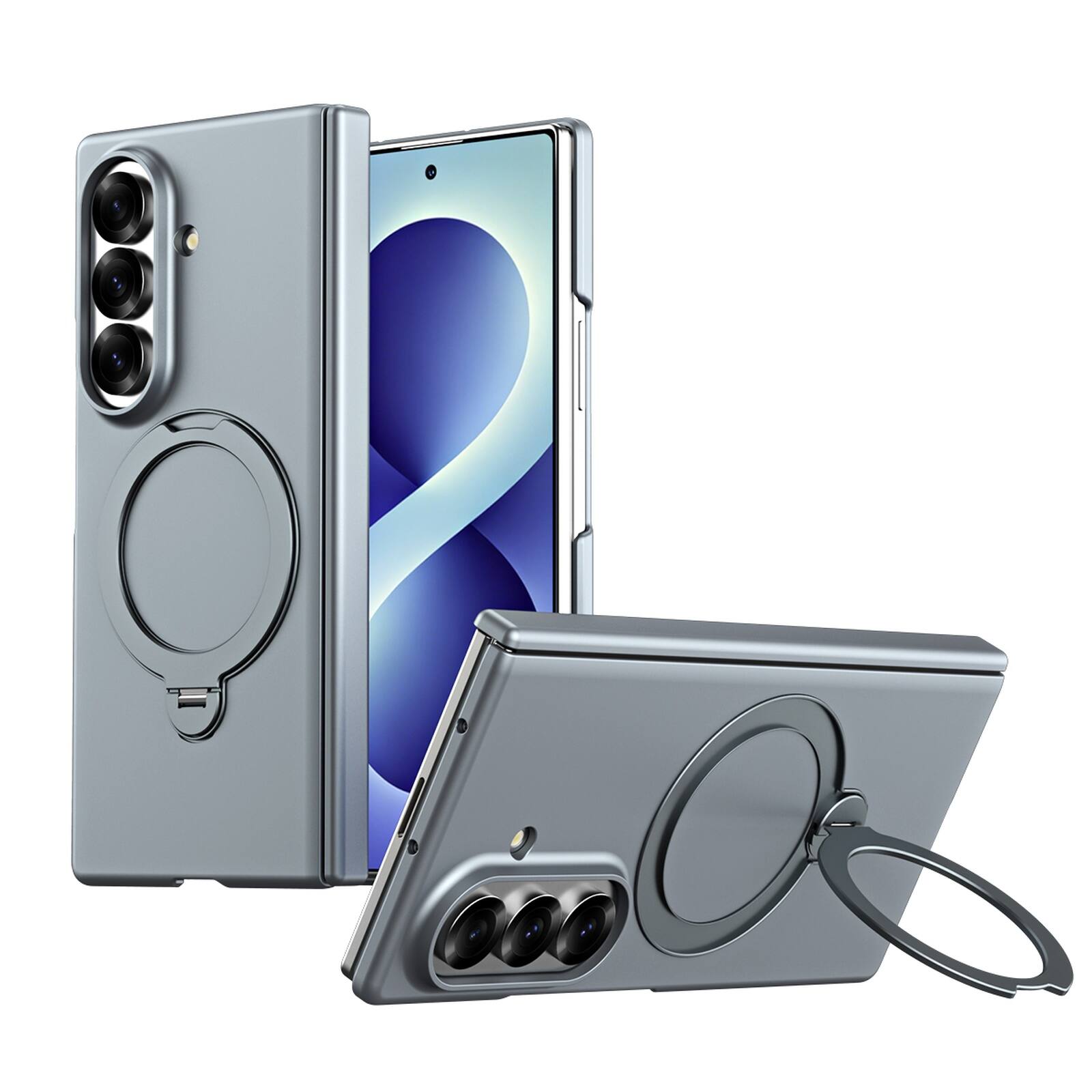 Angle. Dteck - Magnetic Case for Samsung Galaxy Z Fold7 with Built-in Screen Protector, Shockproof 360 Rotating Kickstand Hinge Cover - Gray.