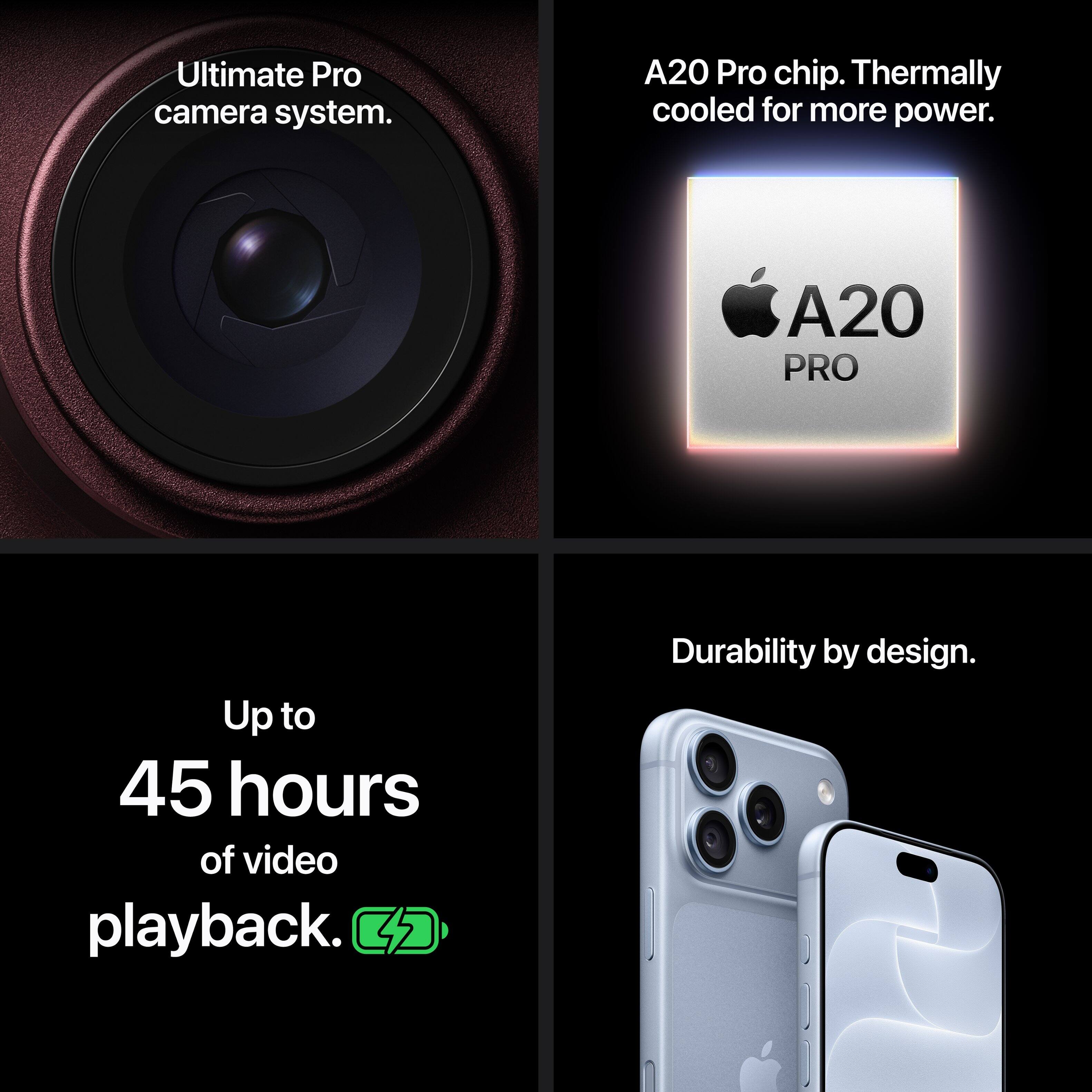 Ultimate Pro camera system.  
A20 Pro chip. Thermally cooled for more power.  
A20 PRO  
Up to 45 hours of video playback.  
Durability by design.