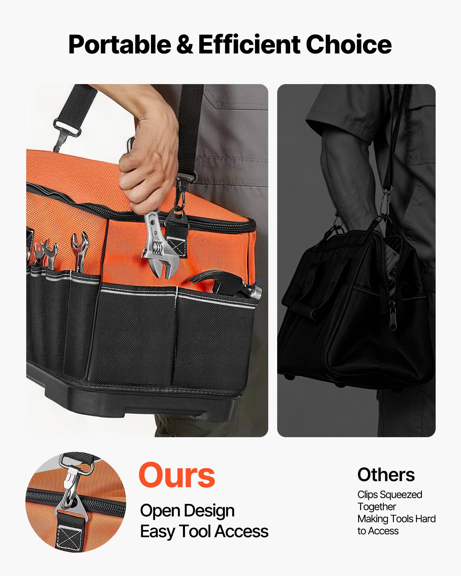 Portable & Efficient Choice

Ours
Open Design
Easy Tool Access

Others
Clips Squeezed Together
Making Tools Hard to Access