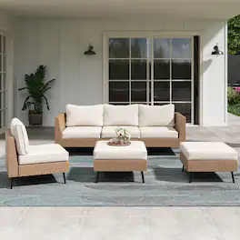 Yardgrace - 6 Piece Outdoor Patio PE Rattan Wicker Sectional Conversation Set Cushions 2 Corner 2 Armless Chairs 2 Ottomans - Beige