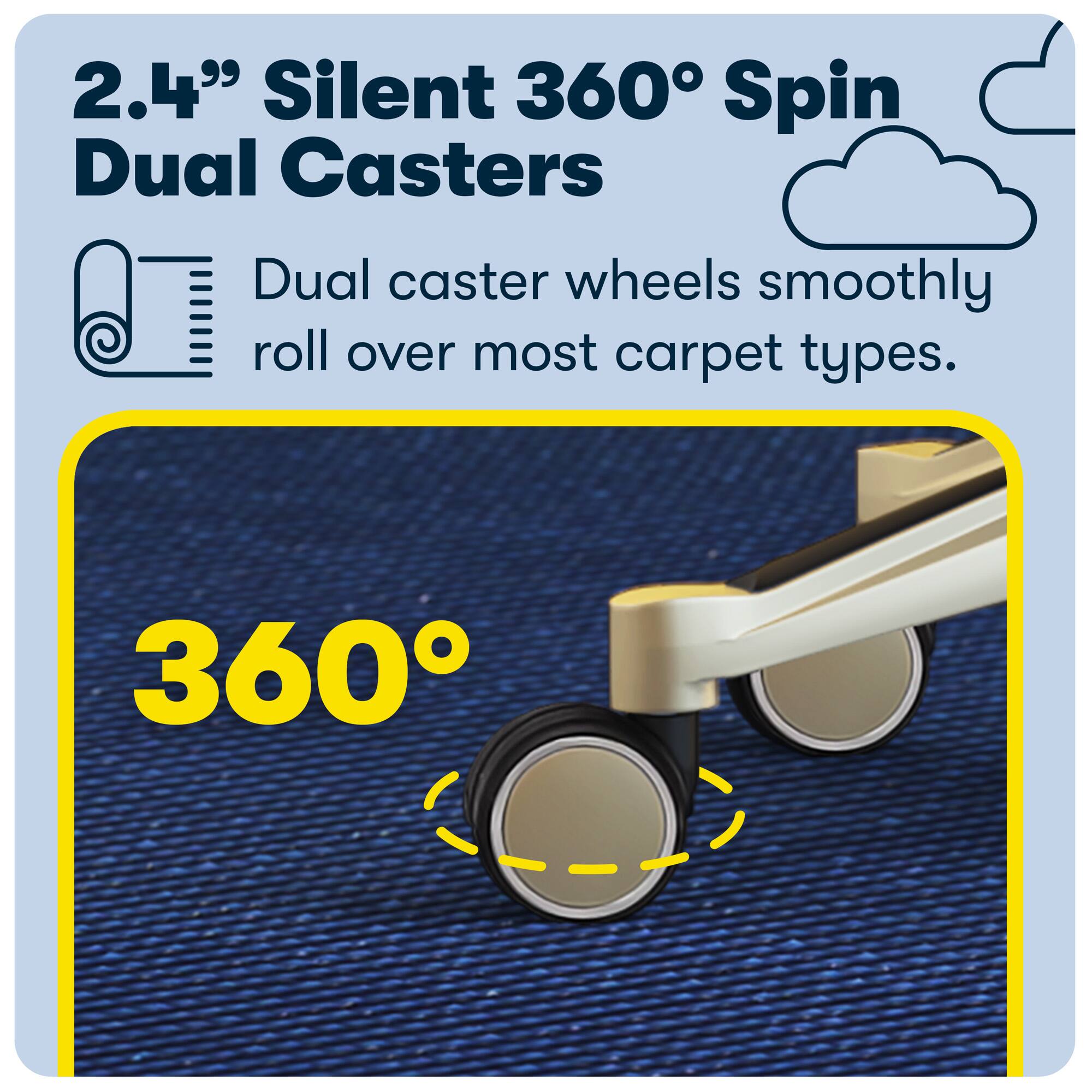 The image features a close-up view of a carpet with a pair of dual caster wheels on a spinning machine. The text on the image reads "2.4" Silent 360 Spin Dual Casters Dual caster wheels smoothly roll over most carpet types. 360." This suggests that the dual caster wheels are designed to provide a smooth and quiet ride on various types of carpet, making them suitable for use in a spinning machine or similar applications.