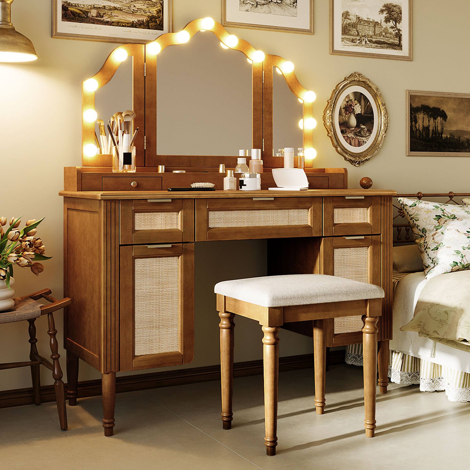 Left. Whisen - Dresser Makeup Vanity Table with Tri-Fold Mirror,13 Hollywood LED Lights,5 Drawers and Charging Station - Espresso.