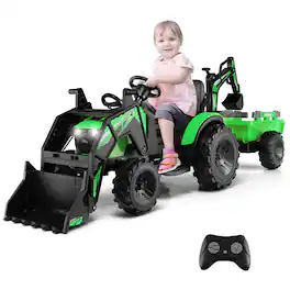 Costway - 3-in-1 Kids Ride On Excavator Bulldozer 12V Electric Tractor Remote w/ Trailer - Green