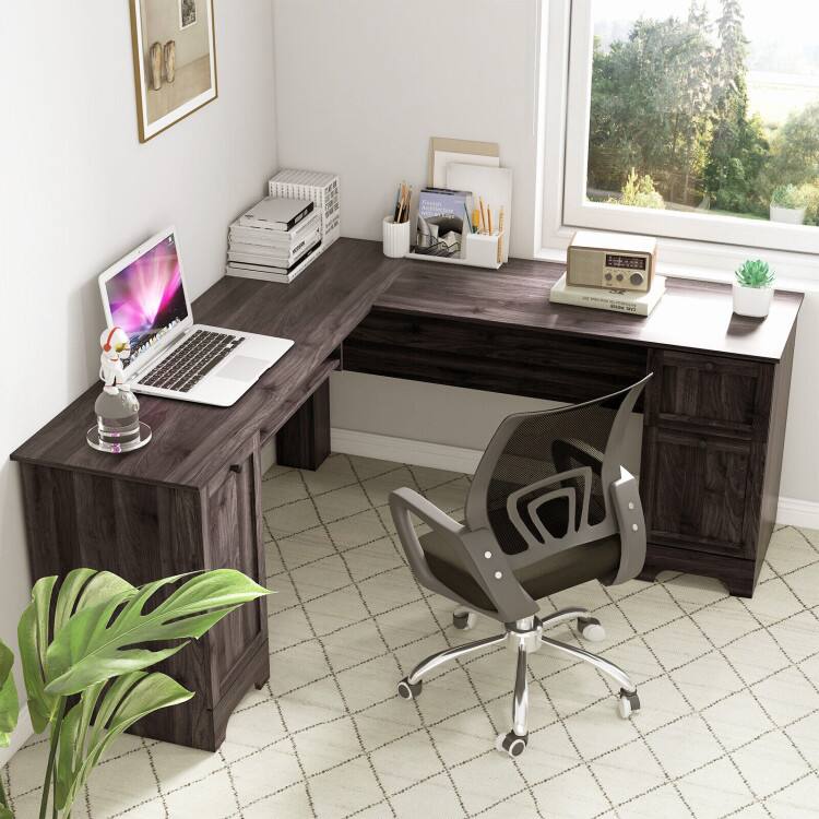 Left. SlickBlue - L-Shaped Writing Desk with Drawers and Slide-Out Keyboard Tray for Workspace - Dark Brown.