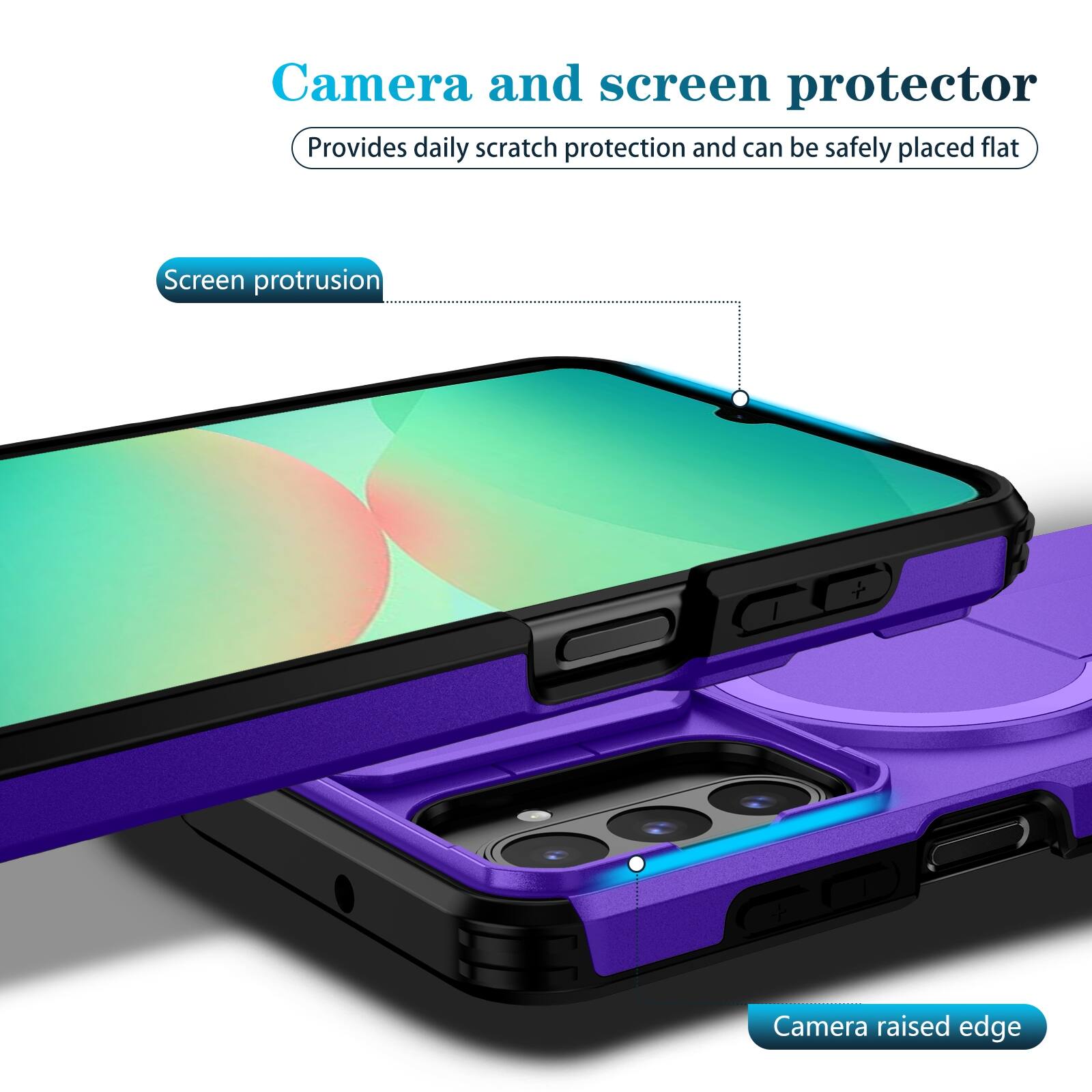 Camera and screen protector  
Provides daily scratch protection and can be safely placed flat  

Screen protrusion  
Camera raised edge