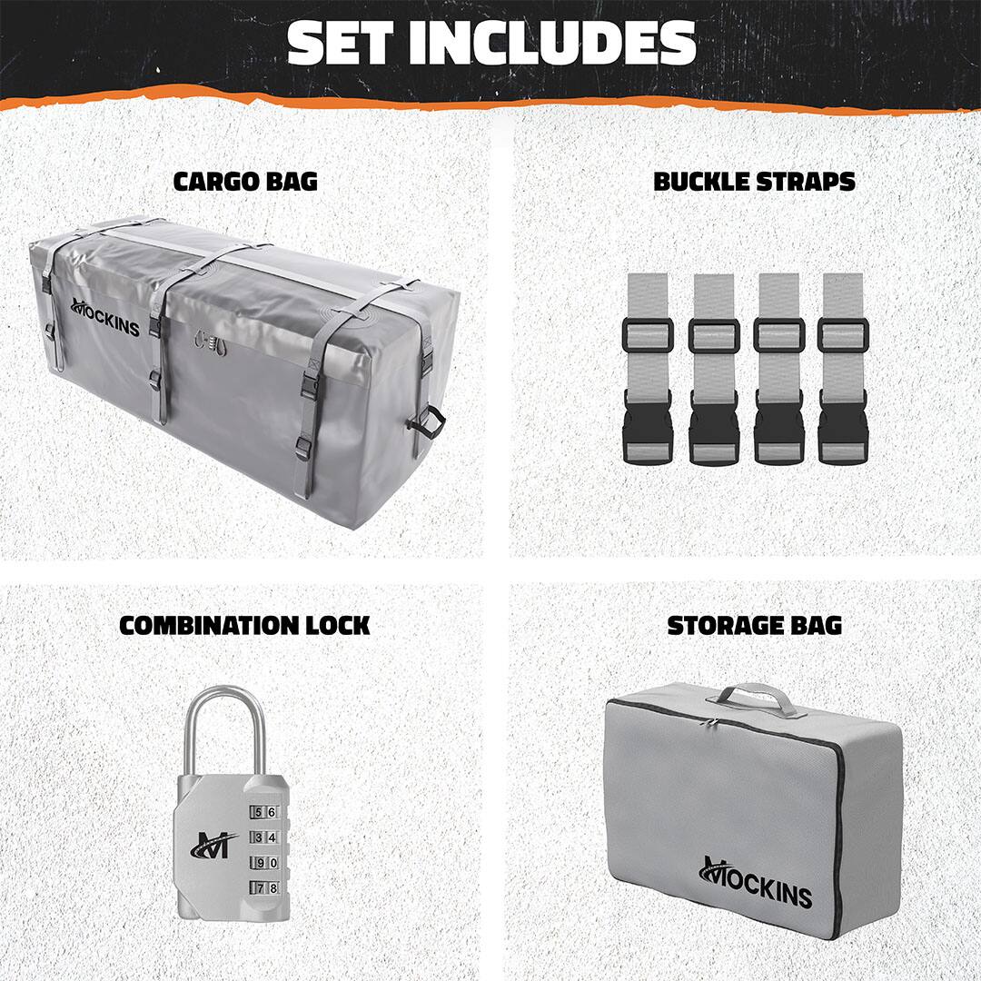 SET INCLUDES

CARGO BAG

BUCKLE STRAPS

COMBINATION LOCK

STORAGE BAG