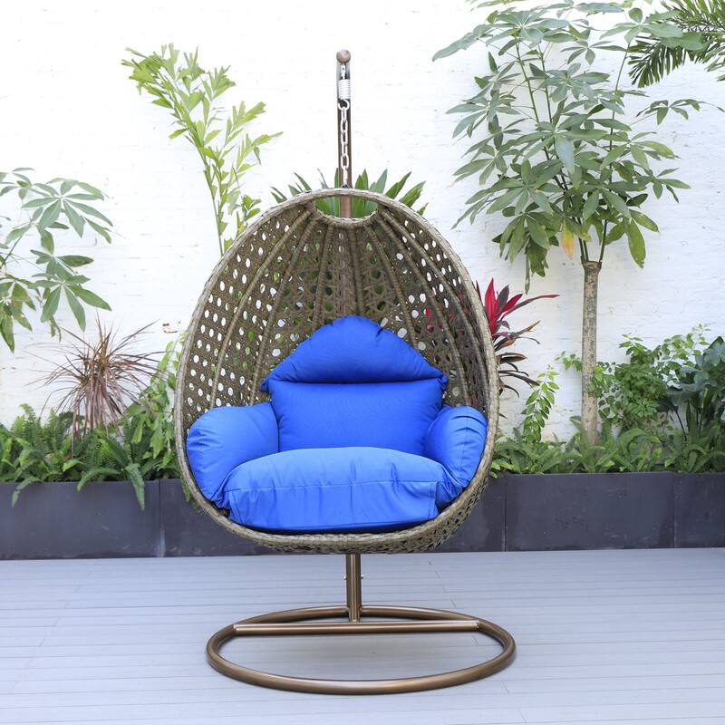 Back. LeisureMod - LeisureMod Beige Wicker Hanging Egg Chair with Iron Stand & Cushion - All-Weather Single Outdoor Patio Swing - Blue.