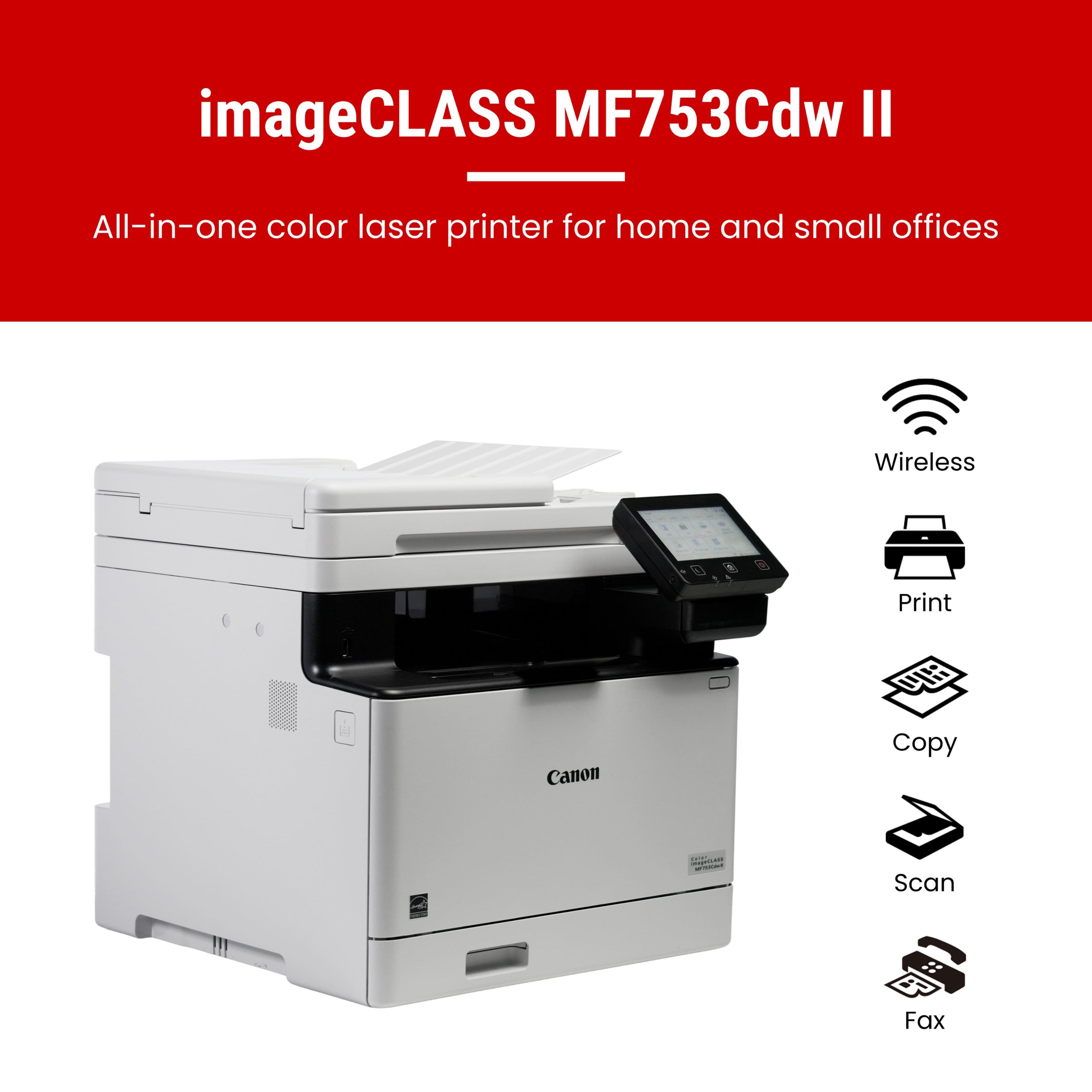 imageCLASS MF753Cdw II
All-in-one color laser printer for home and small offices
- Wireless
- Print
- Copy
- Scan
- Fax