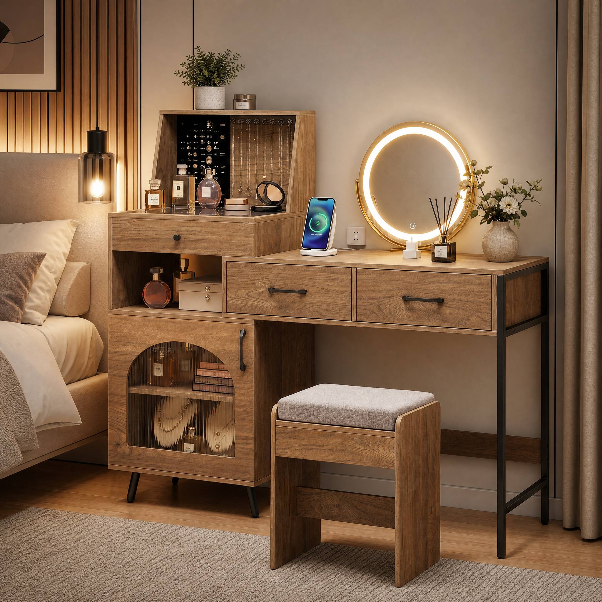 Front. WELLFOR - 53.5" Makeup Vanity Desk Set with 360° Rotatable LED Mirror & Jewelry Storage, Tempered Glass Desktop, Vanity Desk - Natural & White.