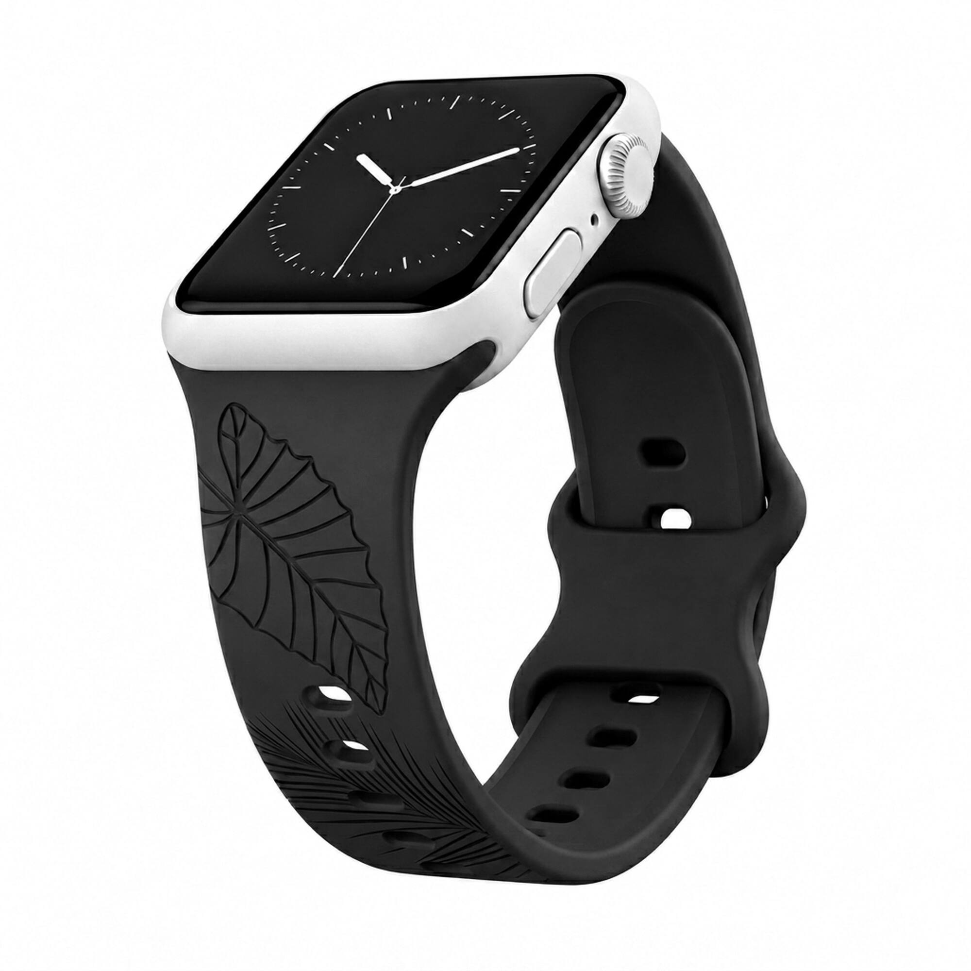 Front. ROXTRO - Black Tropical Engraved Silicone Watch Band Apple Watch Compatible SMALL WATCH 38/40/41mm & (42mm Series 10 & Up) - Black.