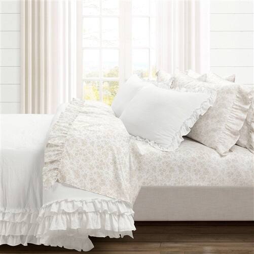 Alt View 1. SlickBlue - Soft Polyester Sheet Set with Floral Ruffle, 6 Pieces for Bed - Tan.