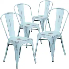 Emma + Oliver - Commercial Grade 4 Pack Distressed Metal Indoor-Outdoor Stackable Chair - Green-Blue