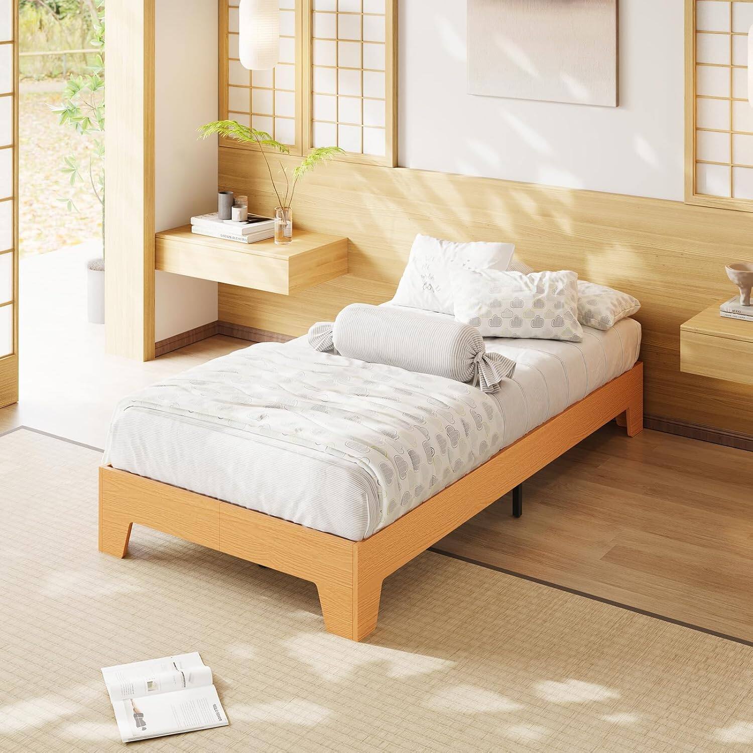 Alt View 1. GARVEE - Twin Platform Bed Frame, Solid Wood & Metal Slat Support, 10.24" Underbed Storage, Pine - Pine.