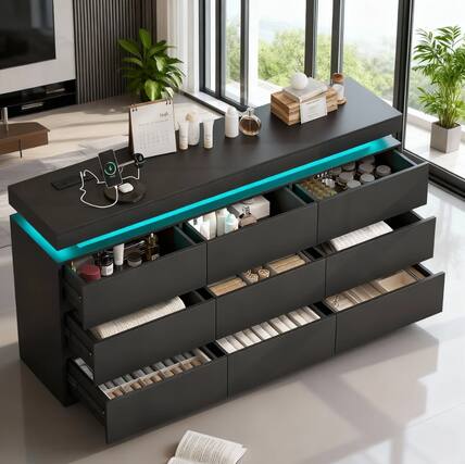 Front. Dyonery - 9-Drawer Dresser with LED Lights and Charging Station, Modern Wide Chest of Drawers, Large Storage Cabinet - Black.