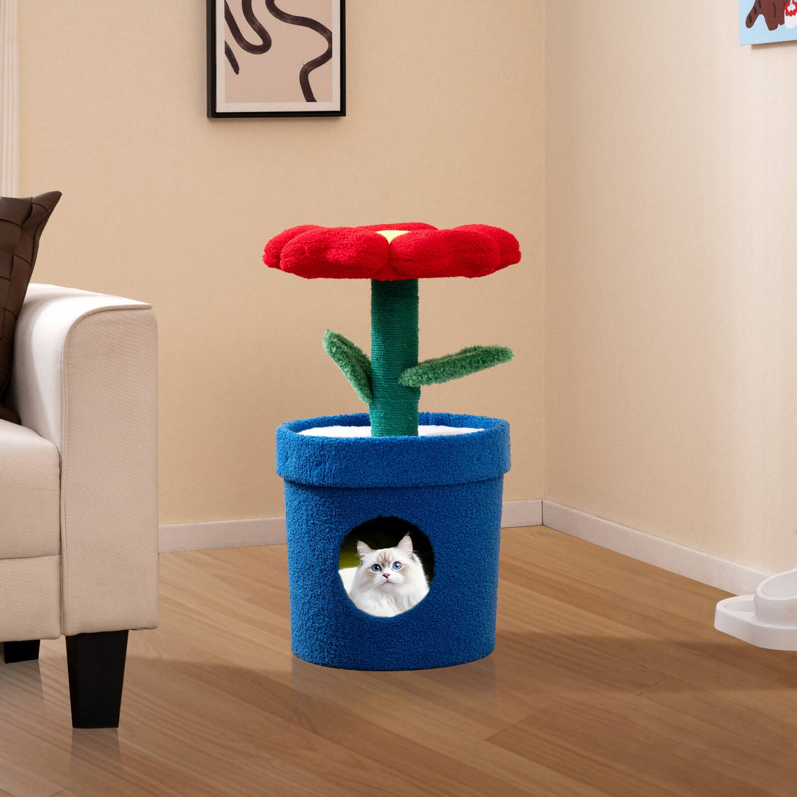 Alt View 1. Gymax - Gymax Cute Cat Tree for Indoor Cats Kitten Tower w/Flower Padded Perch Planter Condo Red & Blue & White.