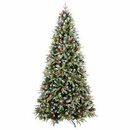 RYHNUYNE - 7FT Pre-Lit Christmas Tree,450 Warm White LED Lights 2178 Snow-Tipped Branches Red Berries Pine Cones Metal Stand - Green,White