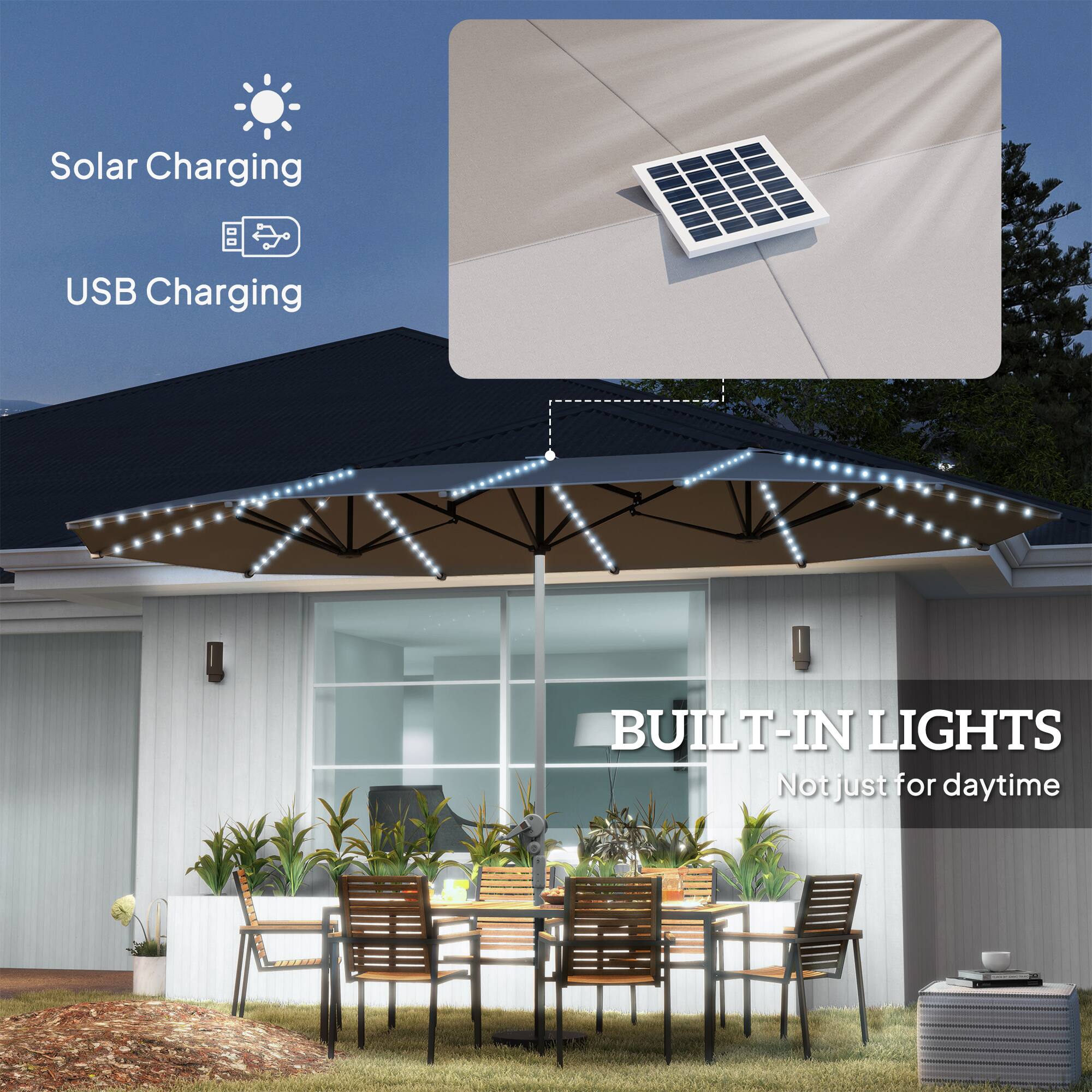 Solar Charging, USB Charging, BUILT-IN LIGHTS, Not just for daytime