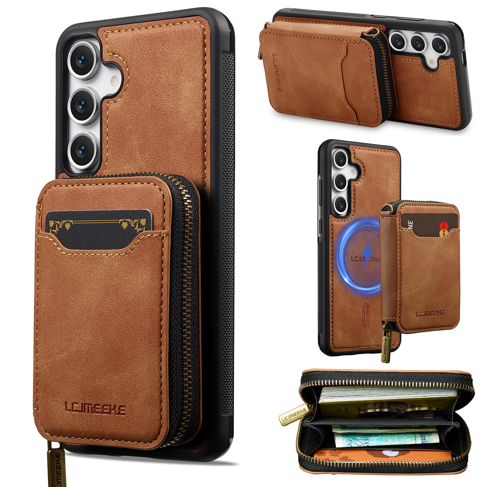 Dteck - 2-in-1 Magnetic Detachable Zipper Wallet Case for Samsung Galaxy A36 5G, RFID Blocking PU Leather Phone Cover - Brown
