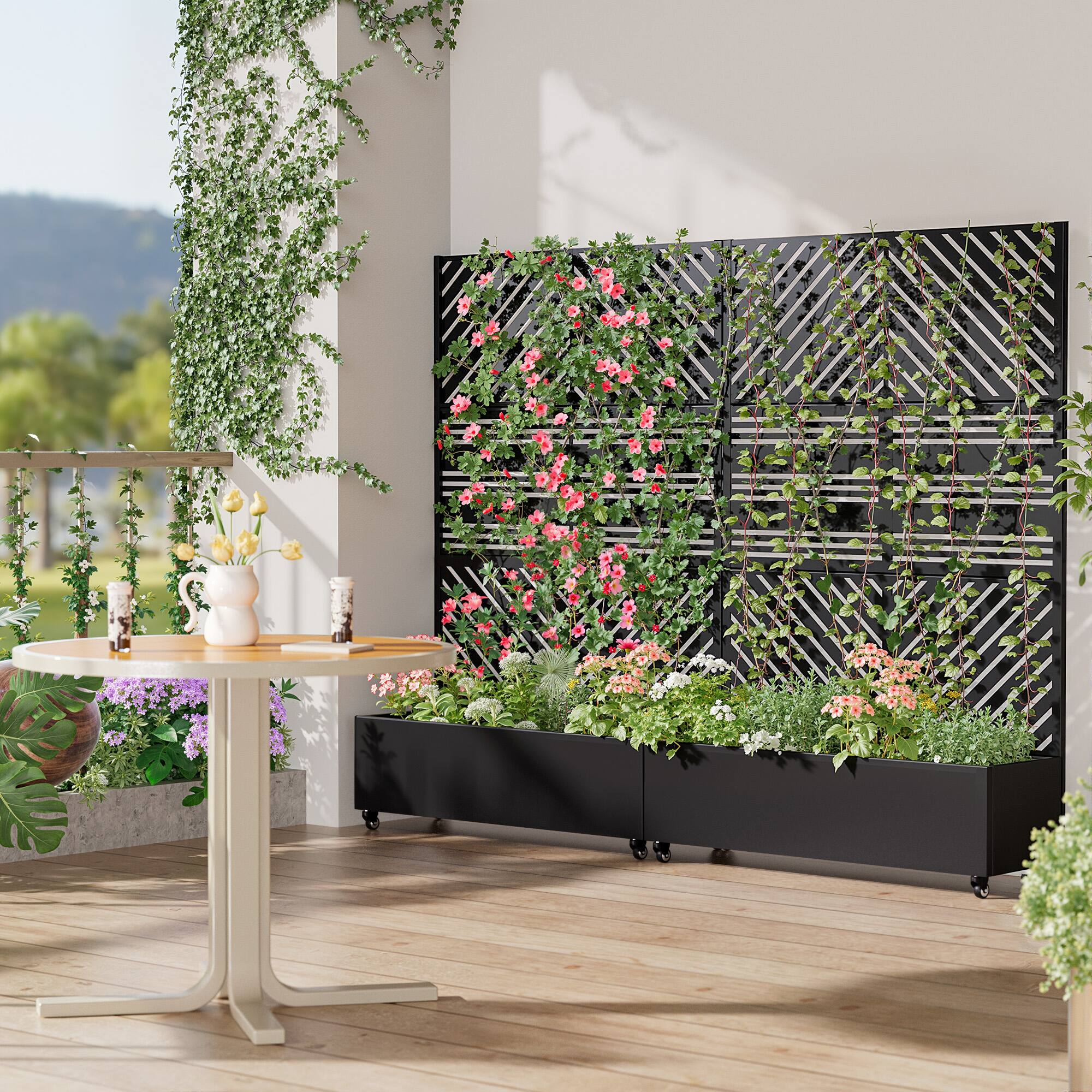 Alt View 3. PexFix - 72 in. H x 47 in. W Paraold Pattern Rectangle Metal Planter Box Raised Garden Beds with Trellis-Ideal for Balcony - Black.