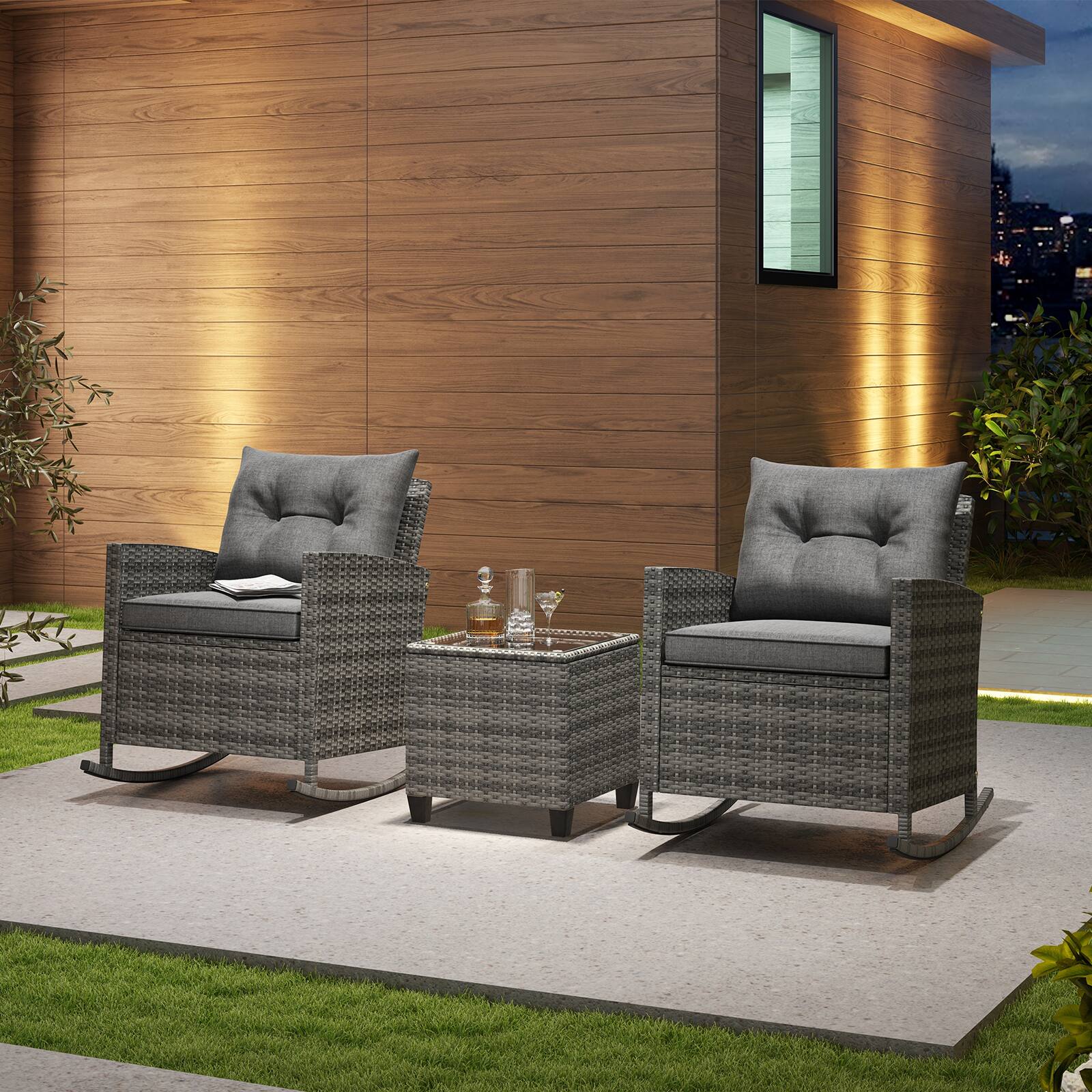Alt View 3. Gymax - Gymax Set of 3 Wicker Rocking Set Patio w/ Tempered Glass Table & Soft Cushions Gray - Gray.