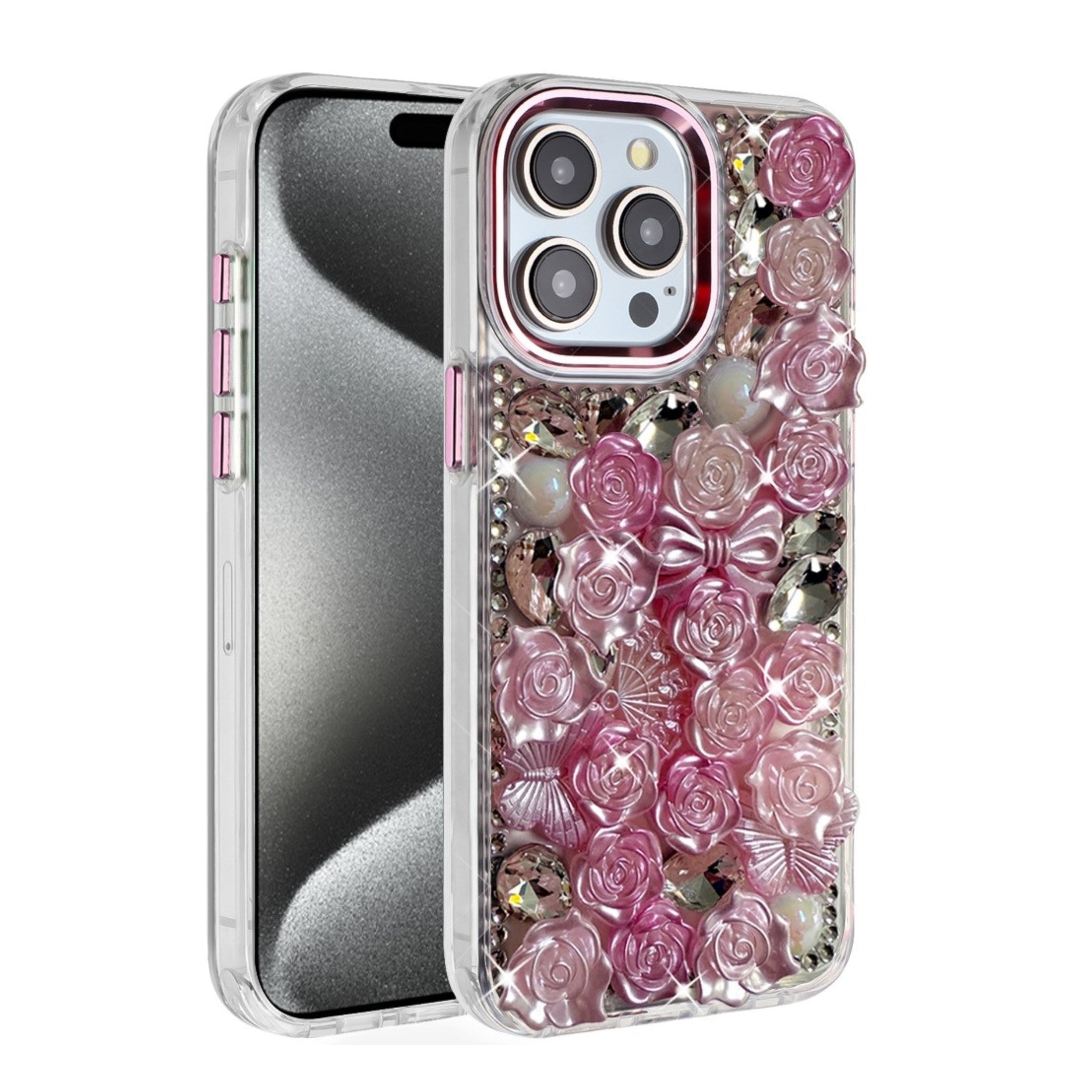 Kitcheniva - 3D Roses Cover Phone Case With 2 Pcs Tempered Glass For iPhone 15 Pro Max - Pink