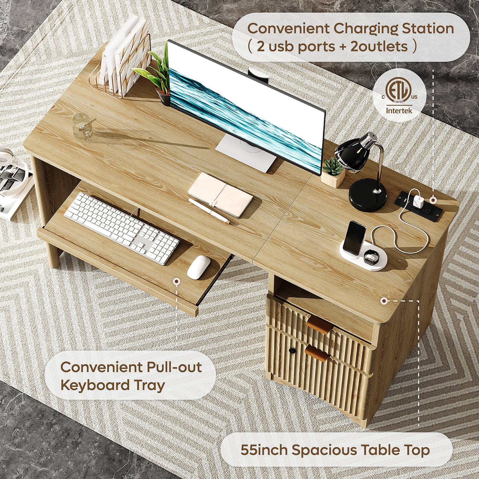 Convenient Charging Station (2 usb ports + 2 outlets)  
Convenient Pull-out Keyboard Tray  
55inch Spacious Table Top