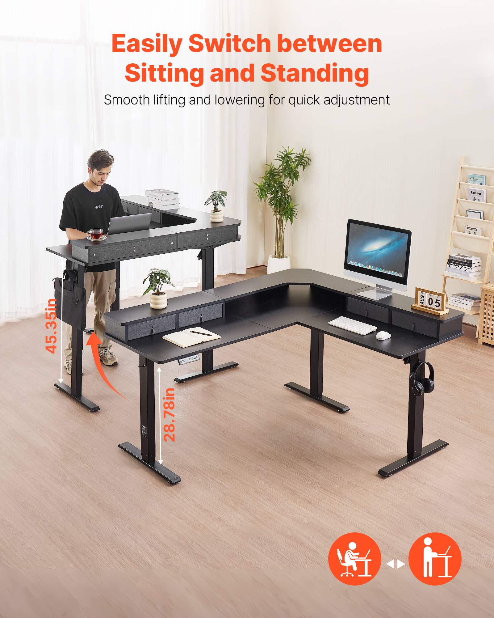 Easily Switch between Sitting and Standing
Smooth lifting and lowering for quick adjustment
45.35in
28.78in