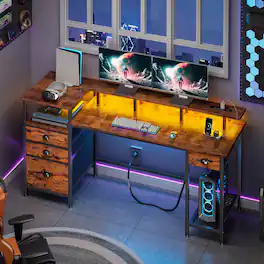 Furnulem - L Shaped Gaming Desk with LED Lights Power Outlet Fabric Drawers Reversible Corner Computer Desk for Home Office - Brown