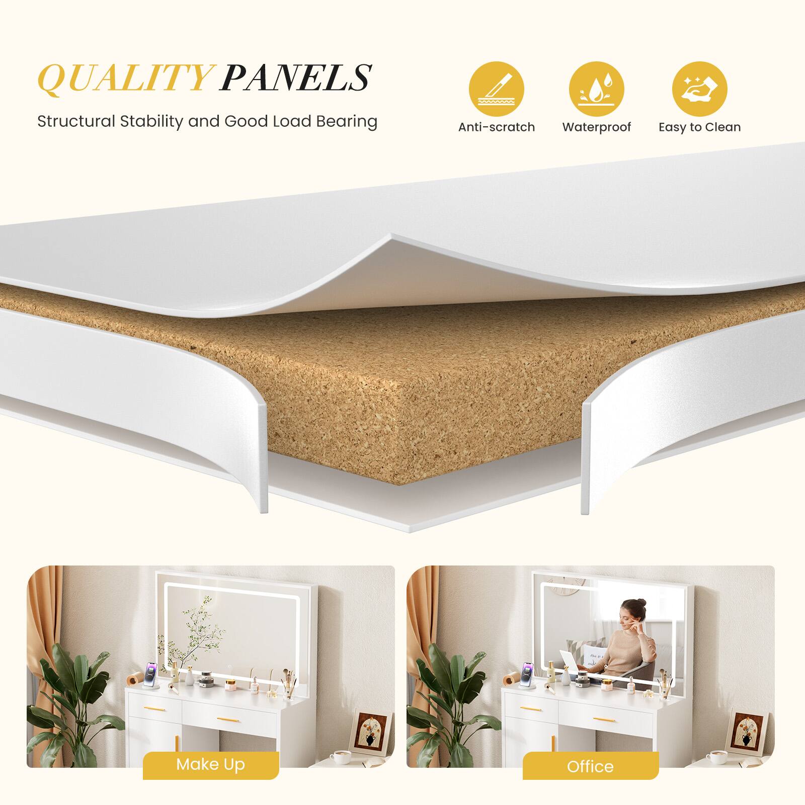 QUALITY PANELS  
Structural Stability and Good Load Bearing  

Anti-scratch  
Waterproof  
Easy to Clean  

Make Up  
Office