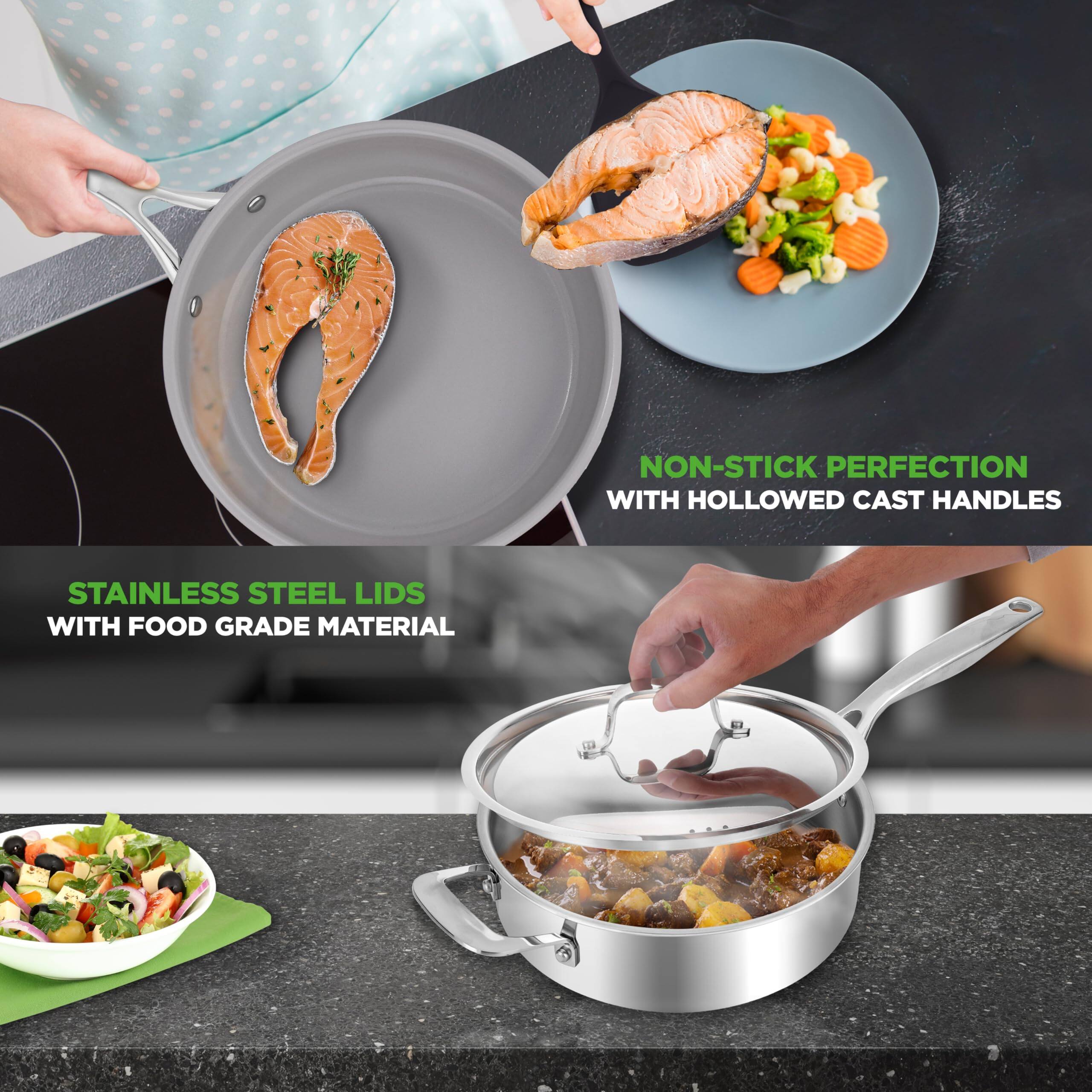 NON-STICK PERFECTION WITH HOLLOWED CAST HANDLES  
STAINLESS STEEL LIDS WITH FOOD GRADE MATERIAL