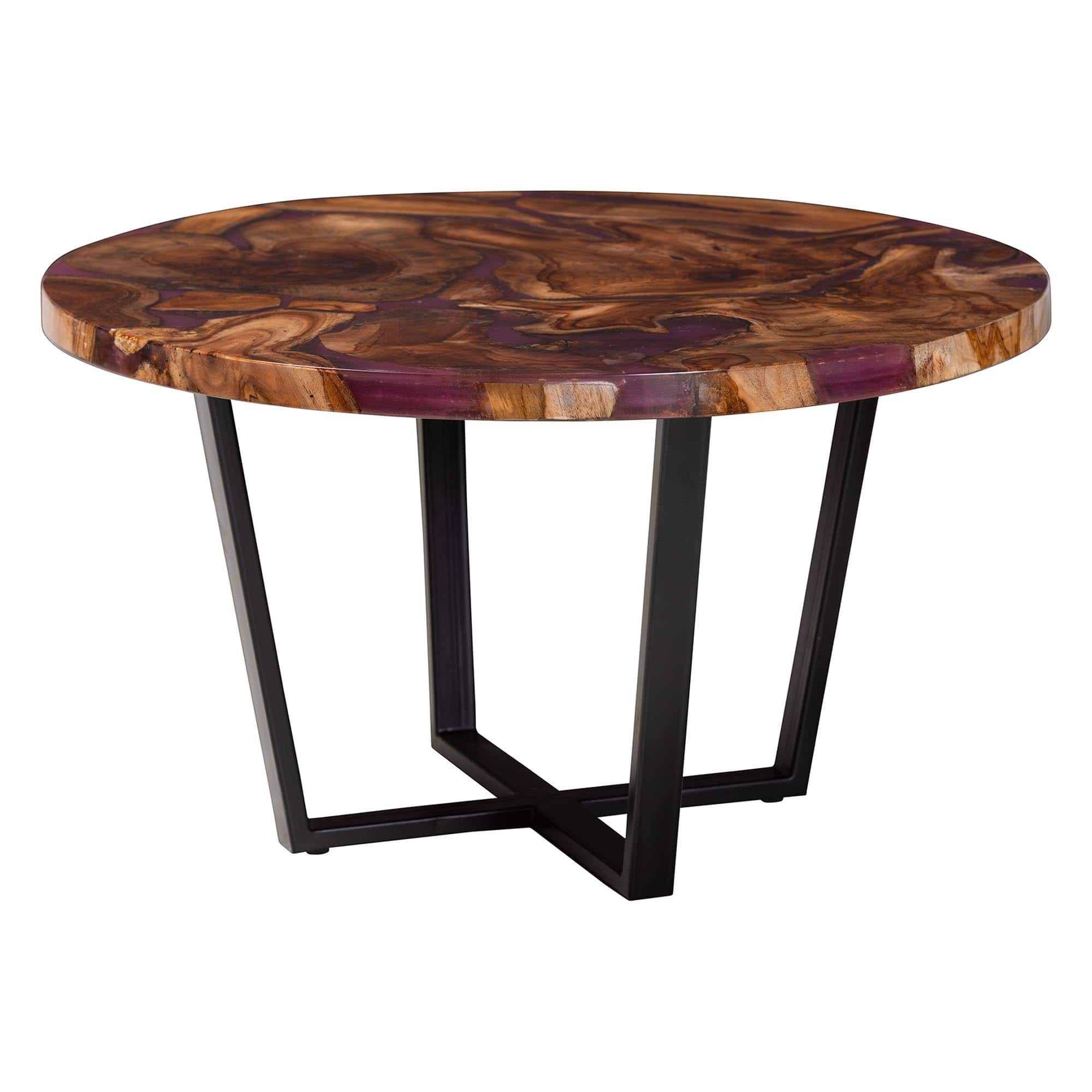 bali & pari - Apio Round Wood Epoxy Resin Coffee Table - Handcrafted Live Edge Teak Wood with Black Metal Base - Natural Brown/Purple/Black