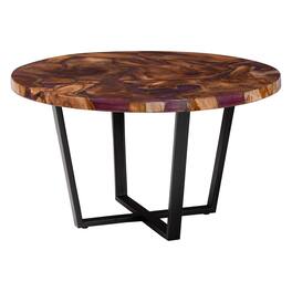 bali & pari - Apio Round Wood Epoxy Resin Coffee Table - Handcrafted Live Edge Teak Wood with Black Metal Base - Natural Brown/Purple/Black