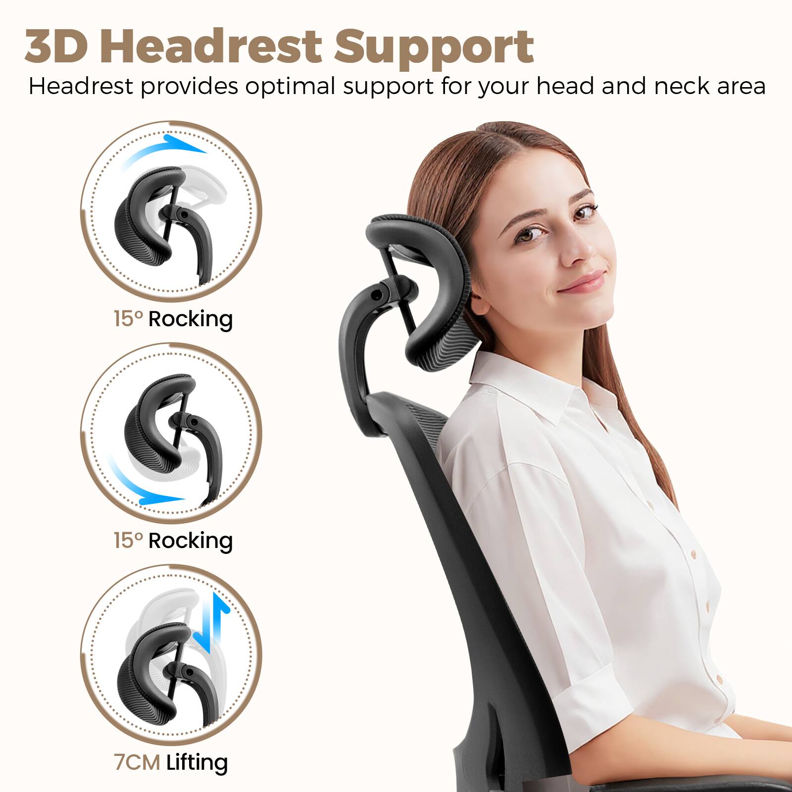 3D Headrest Support  
Headrest provides optimal support for your head and neck area  

15° Rocking  
15° Rocking  
7CM Lifting