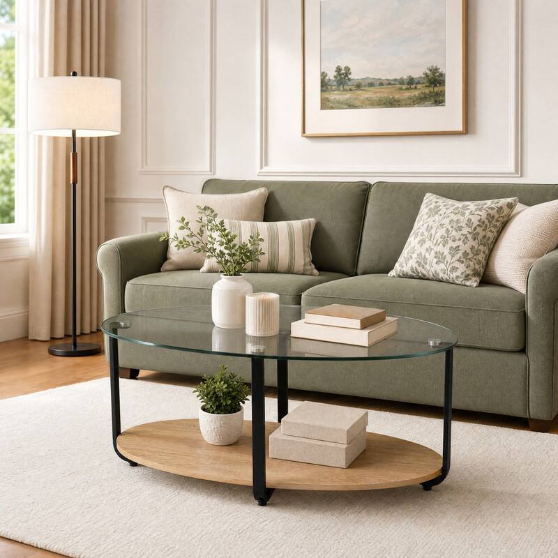 Angle. WELLFOR - 2-Tier Oval Coffee Table with Glass-Top, Center Table Cocktail Tea Table for Living Room - Brown.
