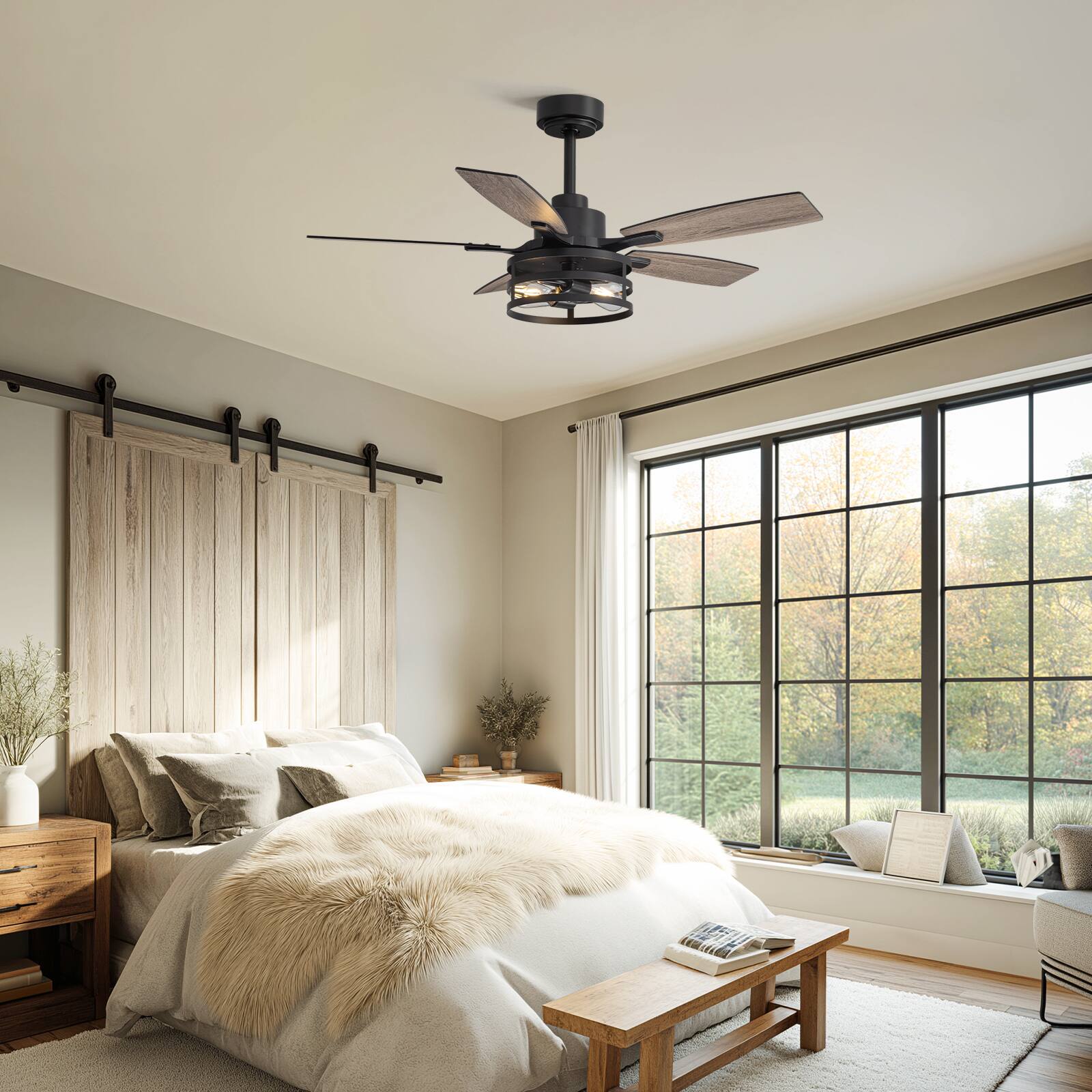 Back. Siljoy - 42-Inch Rustic Cage Ceiling Fan 5 Blades Industrial Metal Design App & Remote Control for Living Room Bedroom Patio - Black.