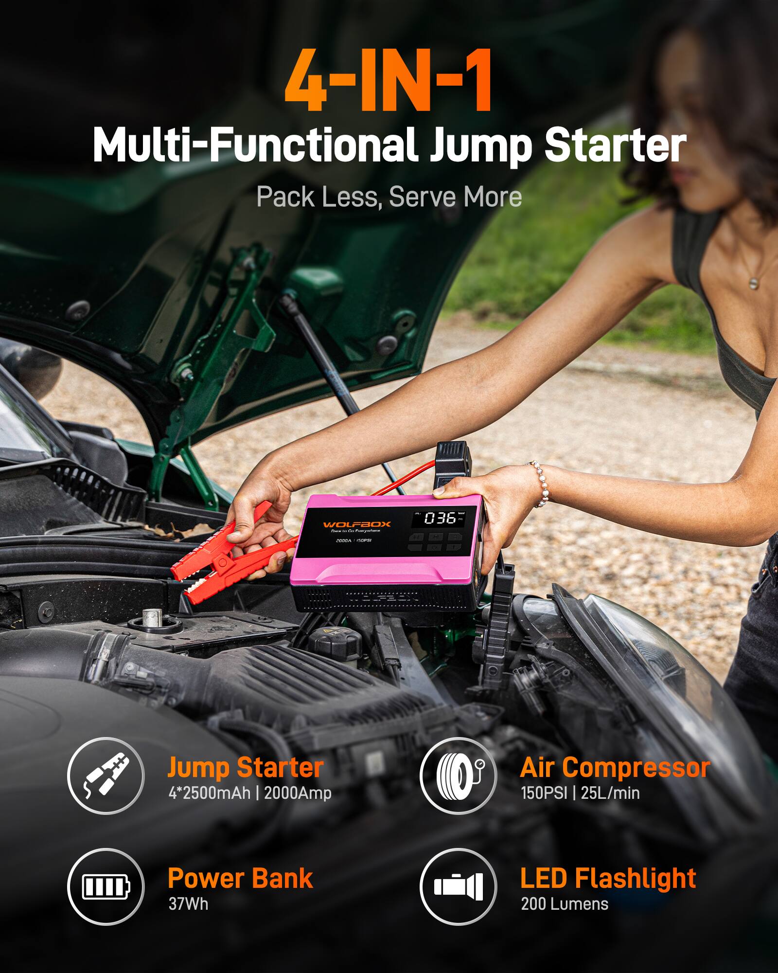 4-IN-1 Multi-Functional Jump Starter Pack Less, Serve More

WOLFHUX: 036

- Jump Starter: 4*2500mAh | 2000Amp
- Air Compressor: 150PSI | 25L/min
- Power Bank: 37Wh
- LED Flashlight: 200 Lumens