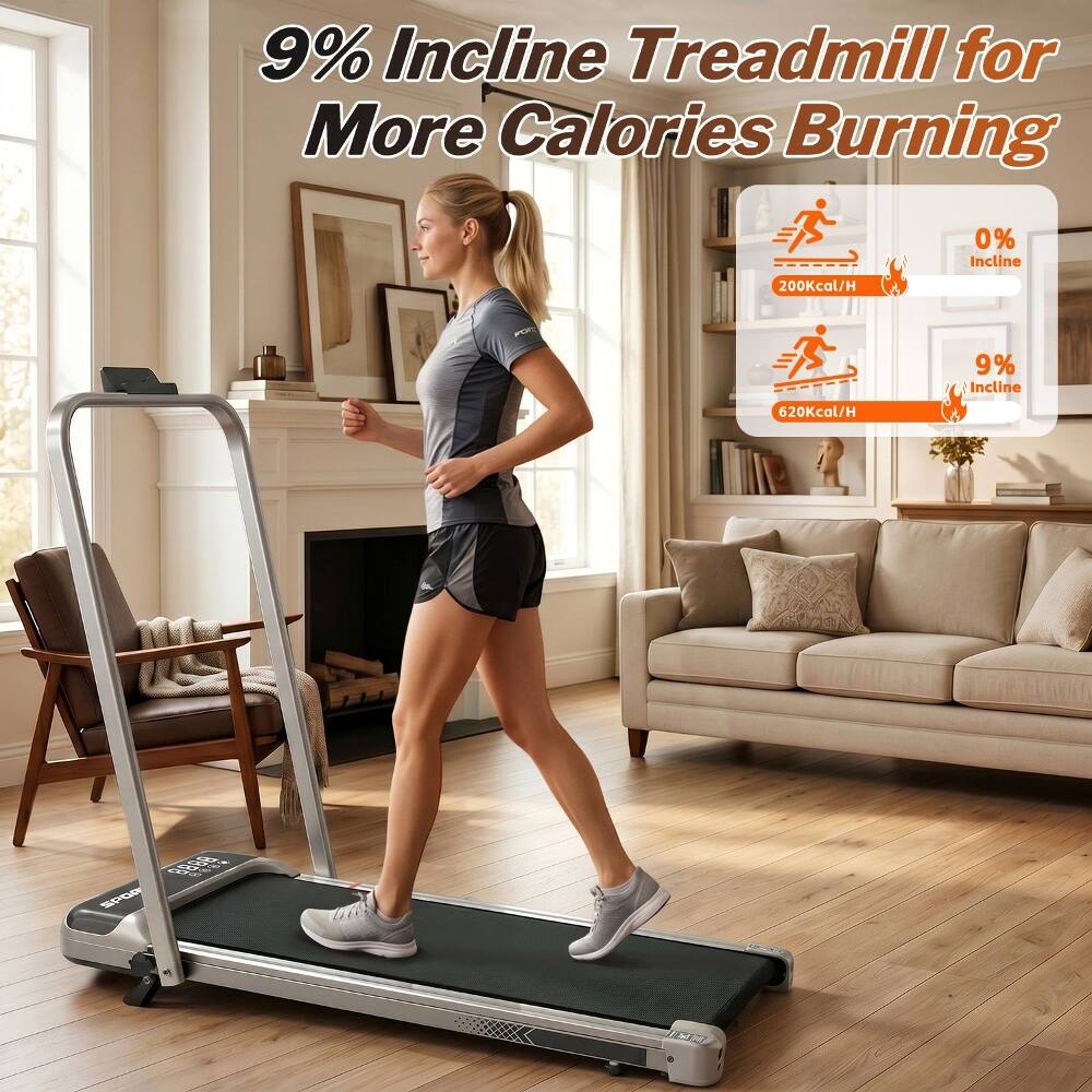 9% Incline Treadmill for More Calories Burning  
0% Incline: 200Kcal/H  
9% Incline: 620Kcal/H