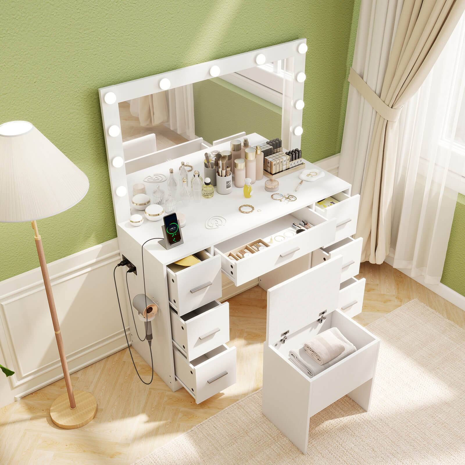 Alt View 8. Costway - Costway Vanity Desk with Mirror and Lights Storage Stool Power Outlets 3 Lighting Colors - White.
