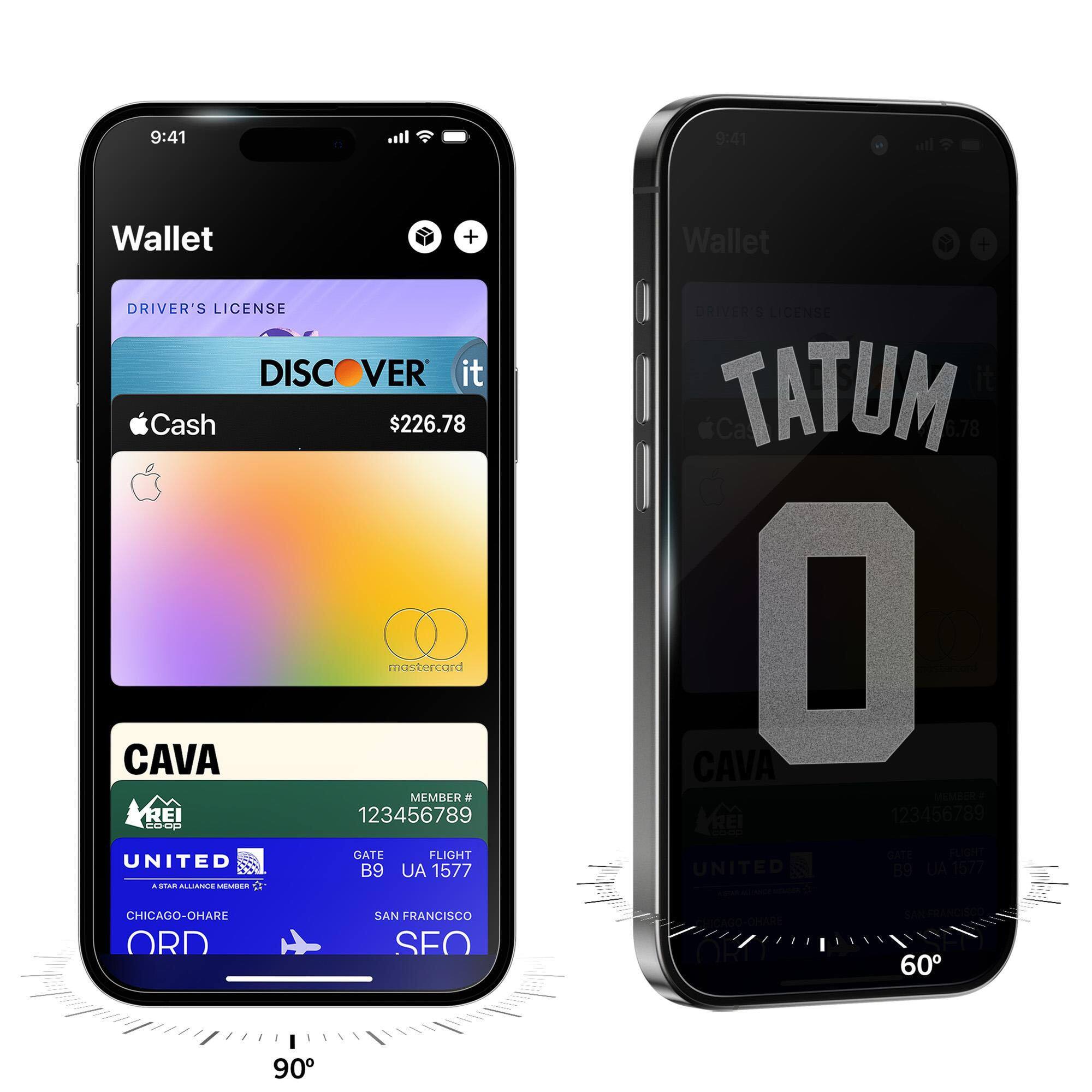 9:41 Wallet + Wallet + DRIVER'S LICENSE DISCOVER it Cash $226.78 mastercard CAVA MEMBER e REI 123456789 adda GATE FLIGHT UNITED B9 AU 1577 a stam B SER DRIVERY S LICENSE Ca TATUM 6.78 O CAVA e REI 123456789 CATE UNITED 89 UA 1577 CHICAGO-OHARE ORD SAN FRANCISCO SFO