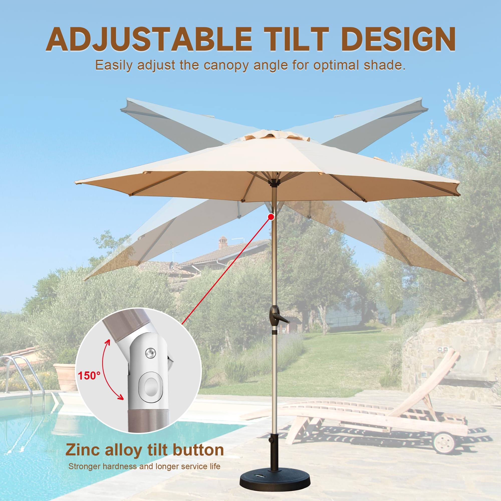 ADJUSTABLE TILT DESIGN  
Easily adjust the canopy angle for optimal shade.  

Zinc alloy tilt button  
Stronger hardness and longer service life