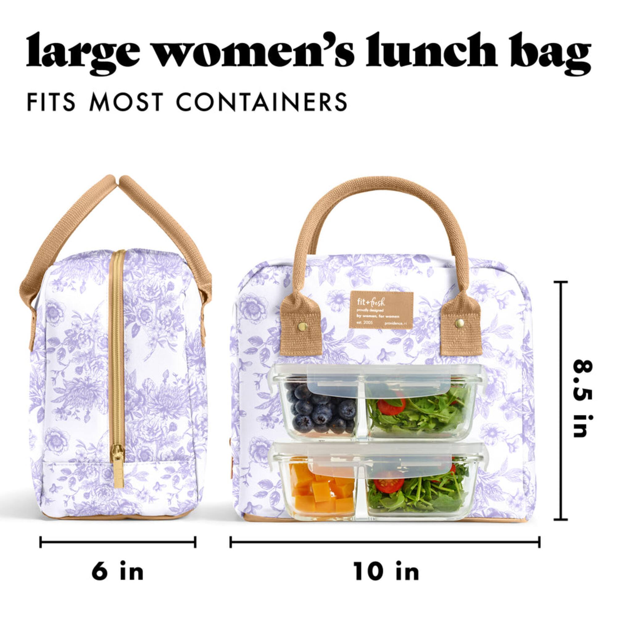 large women's lunch bag  
FITS MOST CONTAINERS  

fit+fresh  

8.5 in  
6 in  
10 in