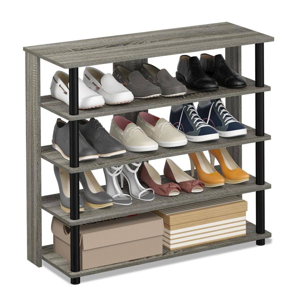 Back. FurniFact - Grey Wooden 5-Tier Shoe Rack Organizer for Entryway and Home Storage - French Oak Grey.