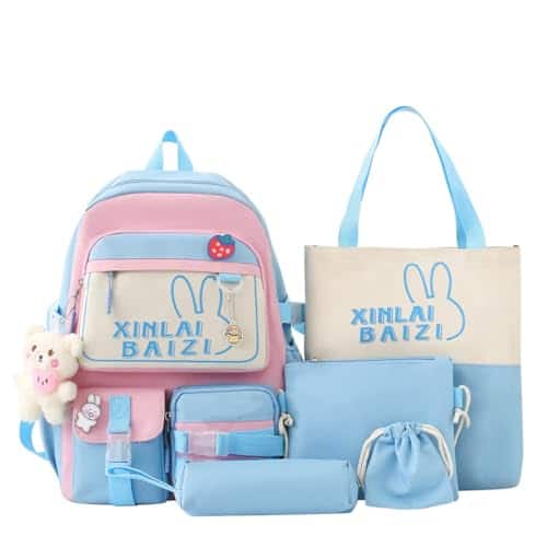 Stamp n Camp - 4pcs Backpack Set For Teens Girl Cute School Bag Combo Aesthetic With Pendant Pins Accessories - 5pcs Blue