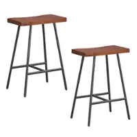 Costway Set of 2 Industrial Saddle Stool Counter Height Bar Stool Dining Pub Chair w/ Metal Frame - Walnut + Black - Front_Zoom